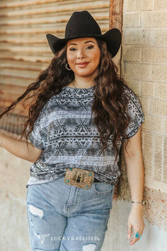 Distressed Black Aztec Cuffled Rolled Short Sleeve Top - Cowhide and Conchos