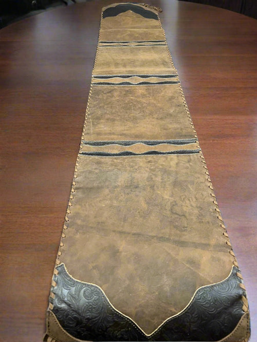 Distressed Brown Leather Table Runner with Fringe - Cowhide and Conchos