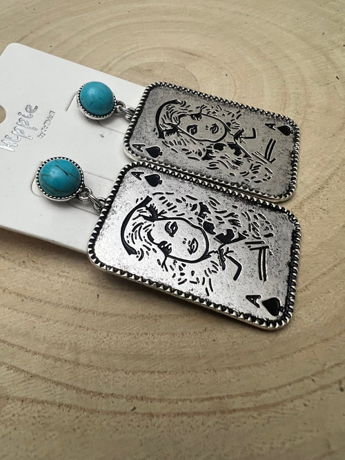 Dolly Card Theme Dangle Earrings with Faux Turquoise Stone - 2 1/2 inch drop - Cowhide and Conchos
