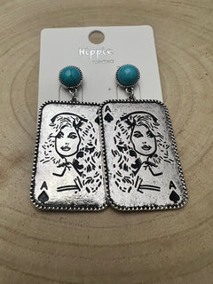 Dolly Card Theme Dangle Earrings with Faux Turquoise Stone - 2 1/2 inch drop - Cowhide and Conchos
