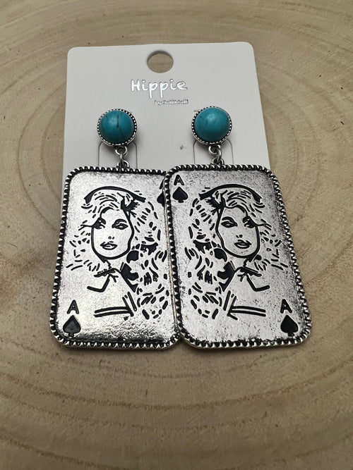 Dolly Card Theme Dangle Earrings with Faux Turquoise Stone - 2 1/2 inch drop - Cowhide and Conchos