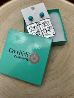 Dolly Card Theme Dangle Earrings with Faux Turquoise Stone - 2 1/2 inch drop - Cowhide and Conchos