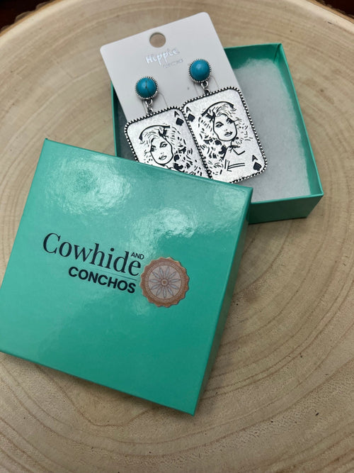 Dolly Card Theme Dangle Earrings with Faux Turquoise Stone - 2 1/2 inch drop - Cowhide and Conchos