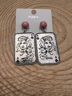 Dolly Card Theme Dangle Earrings with Pink Stone - 2 1/2 inch drop - Cowhide and Conchos