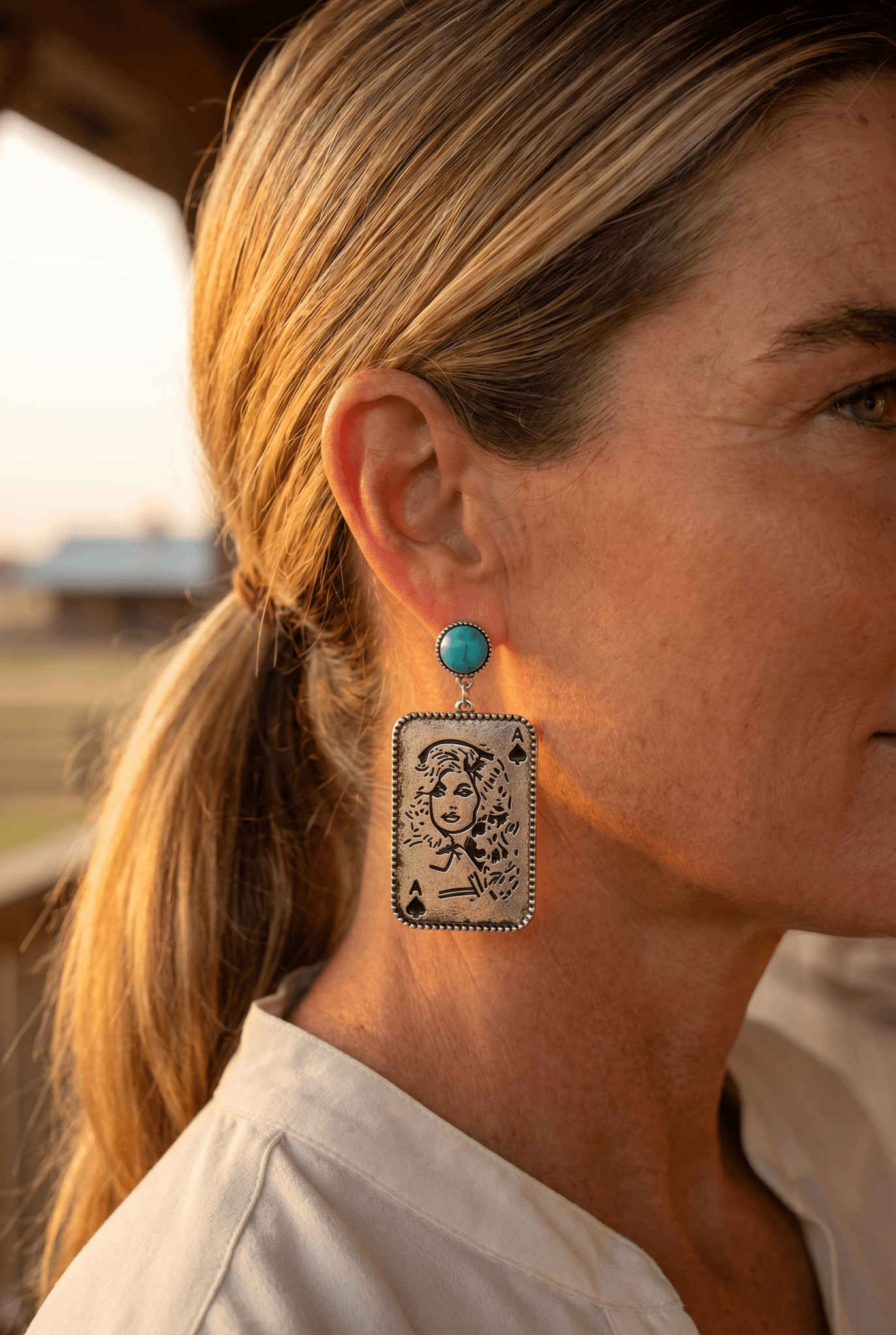 Dolly Card Theme Western Dangle Earrings with Faux Turquoise Stone — 2½" Drop - Cowhide and Conchos