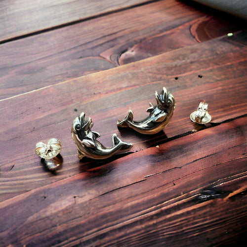 Dolphin post earring - Sterling silver - Cowhide and Conchos