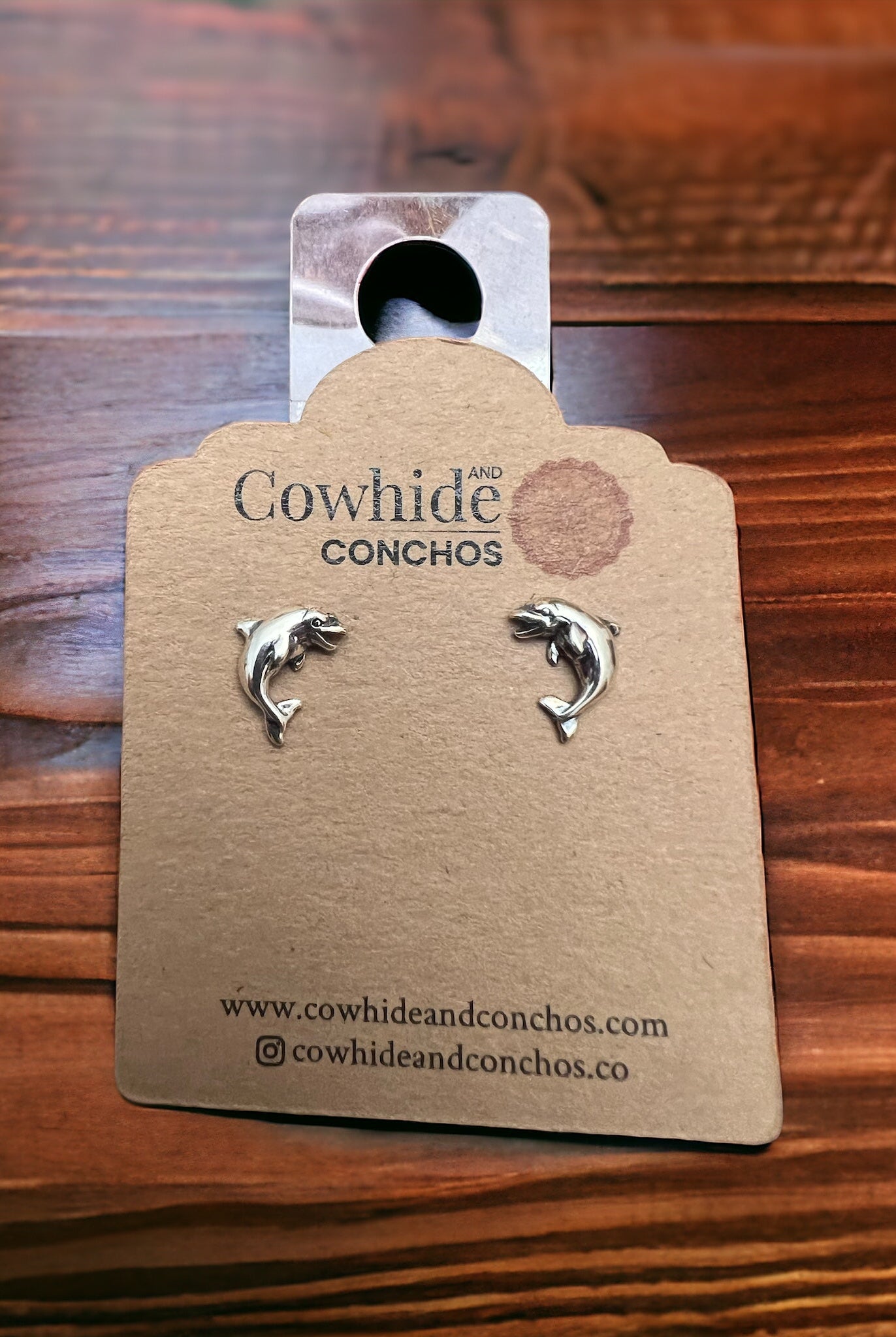 Dolphin post earring - Sterling silver - Cowhide and Conchos