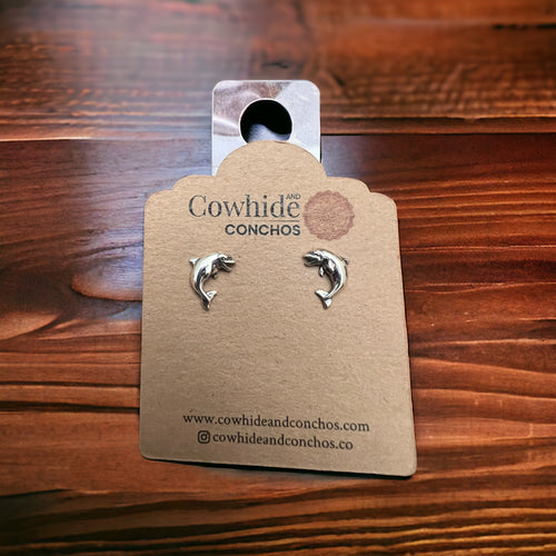 Dolphin post earring - Sterling silver - Cowhide and Conchos