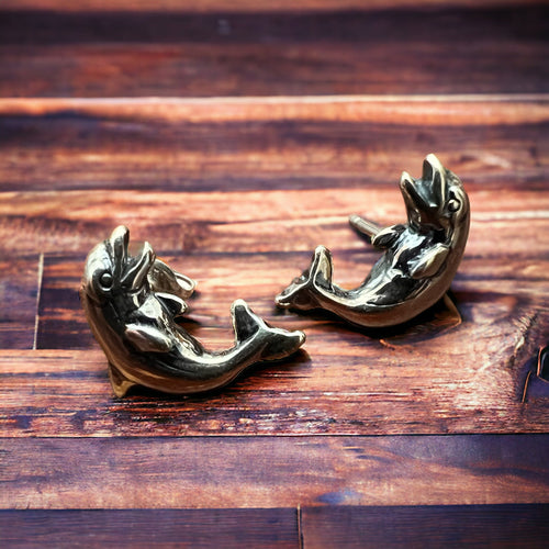 Dolphin post earring - Sterling silver - Cowhide and Conchos