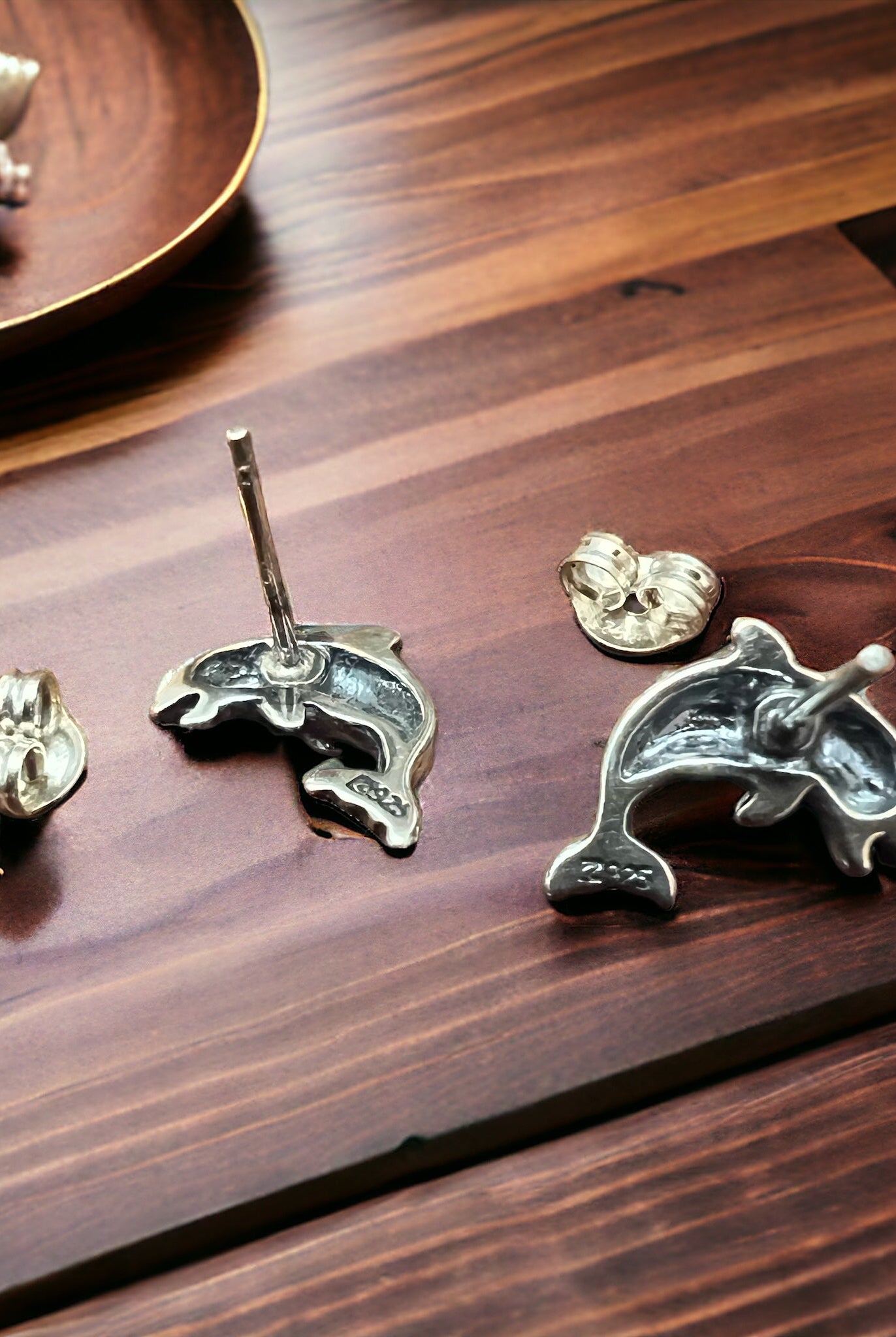 Dolphin post earring - Sterling silver - Cowhide and Conchos