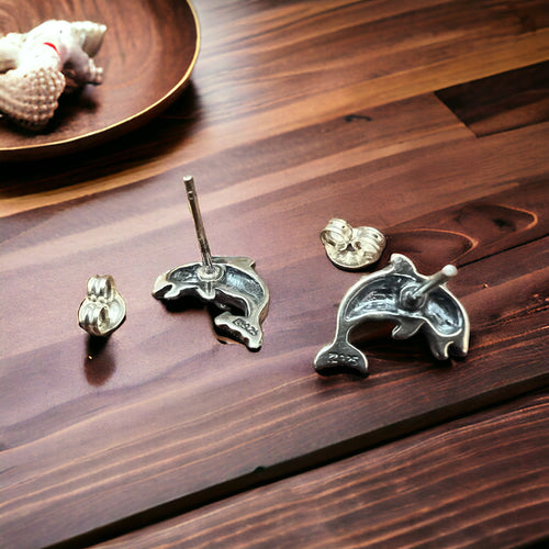 Dolphin post earring - Sterling silver - Cowhide and Conchos