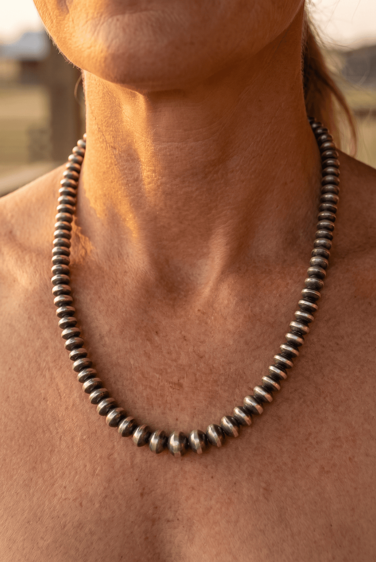 Dorinda Mariano Navajo Sterling Silver Handcrafted Navajo Pearl Necklace — 20" (5mm×8mm Graduated Beads, D. Mariano Hallmarked, Heirloom) - Cowhide and Conchos