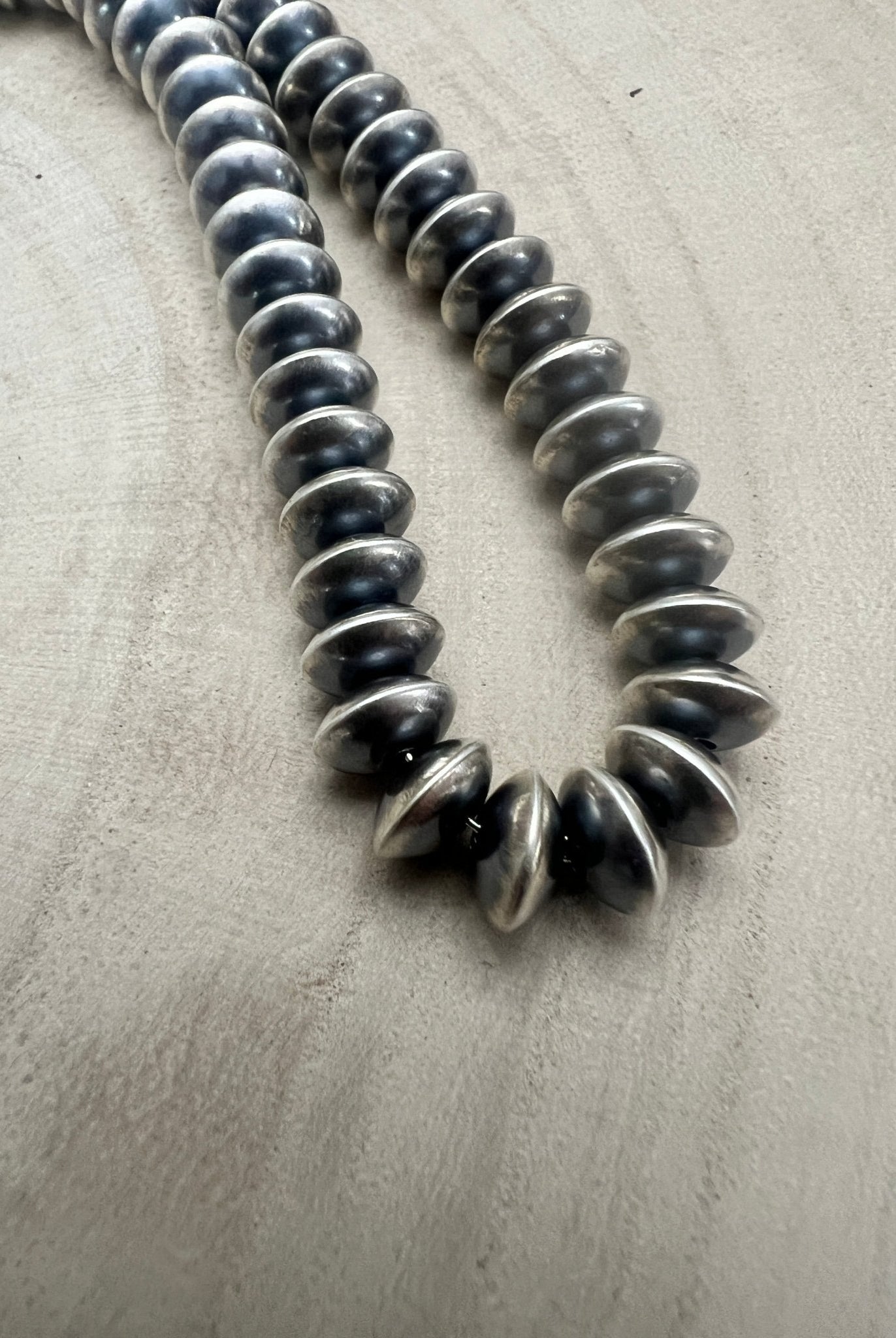 Dorinda Mariano Navajo Sterling Silver Handcrafted Navajo Pearl Necklace — 20" (5mm×8mm Graduated Beads, D. Mariano Hallmarked, Heirloom) - Cowhide and Conchos