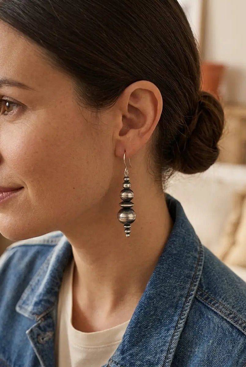 Dorinda Mariano Sterling Silver Navajo Pearl Earrings — 2 3/8 inch (Handcrafted by Navajo Artist) - Cowhide and Conchos