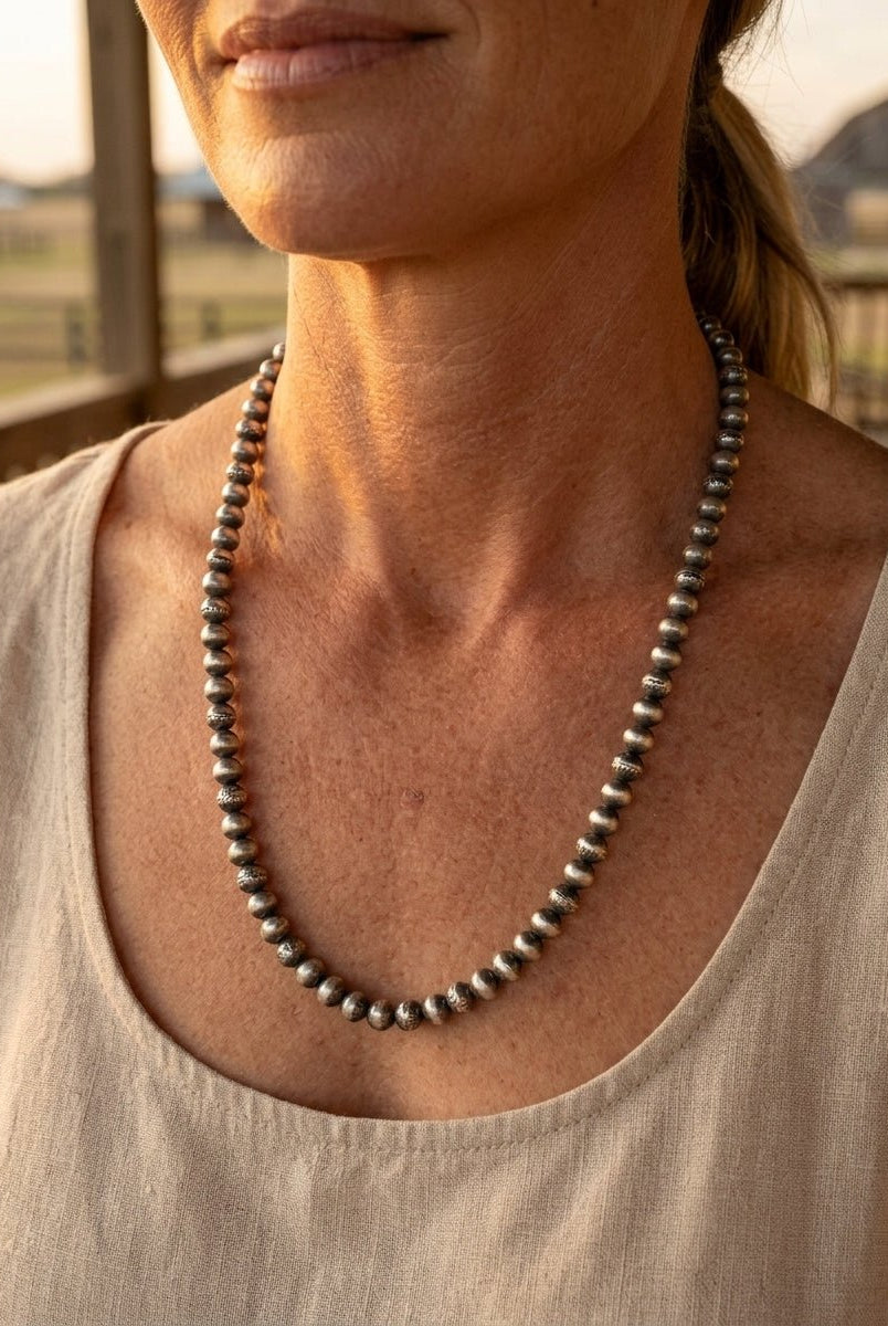 Dorinda Mariano Sterling Silver Navajo Pearl Necklace — 22 inch (Handcrafted, Maker's Stamped) - Cowhide and Conchos