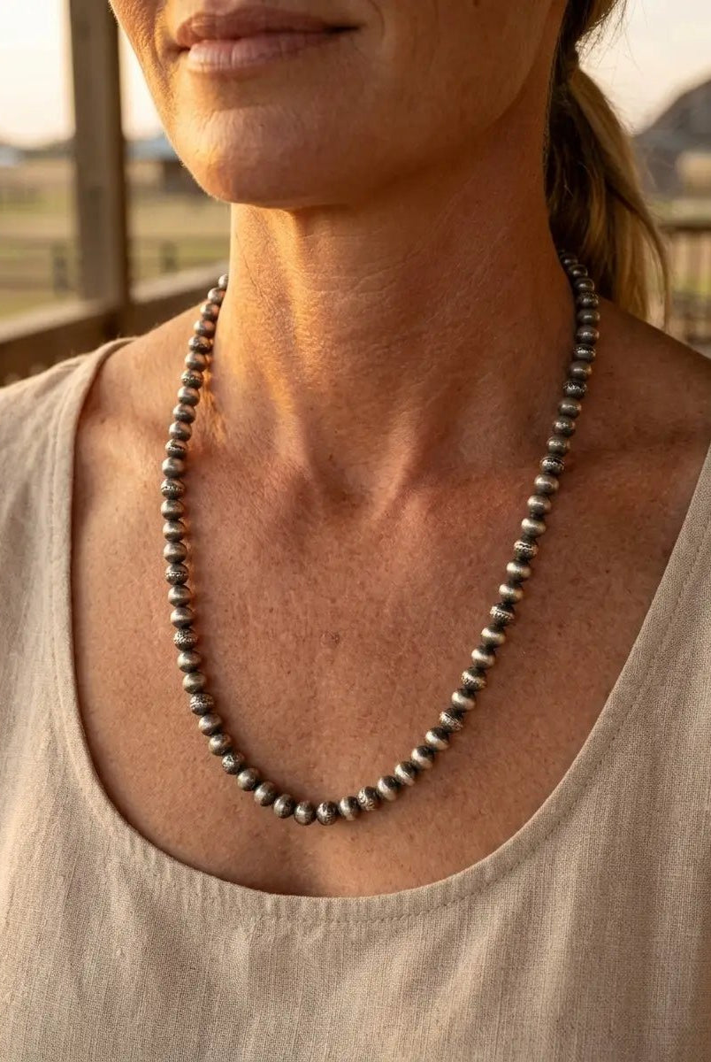 Dorinda Mariano Sterling Silver Navajo Pearl Necklace — 22 inch (Handcrafted, Maker's Stamped) - Cowhide and Conchos