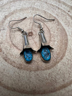 Doris Smallcanyon Kingman Turquoise Squash Blossom Earrings - Cowhide and Conchos