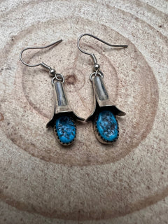 Doris Smallcanyon Kingman Turquoise Squash Blossom Earrings - Cowhide and Conchos