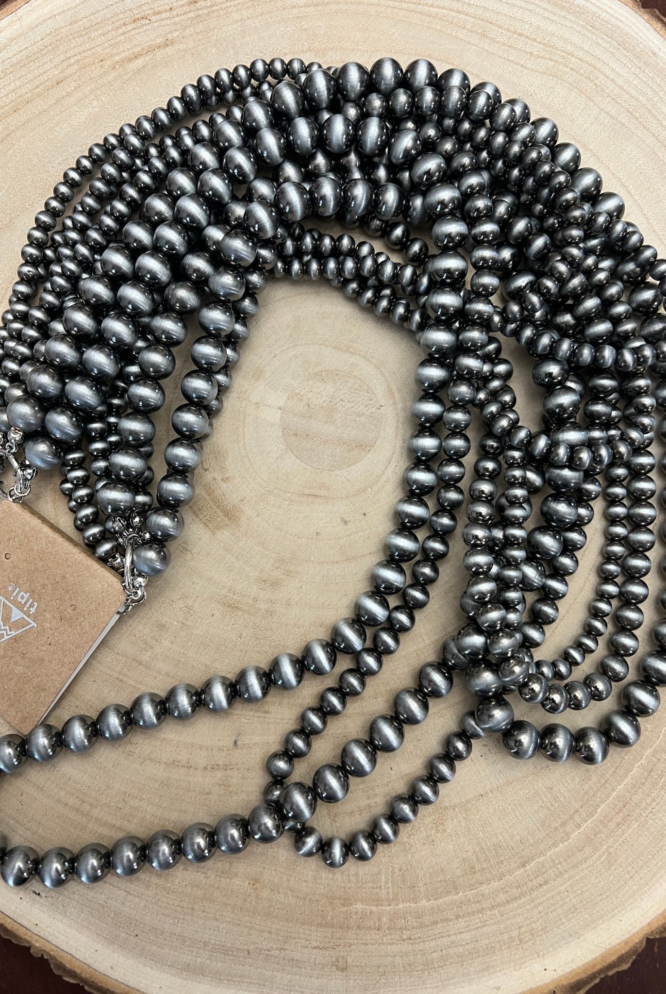 Eight Row Faux Sterling Pearl Layered Necklace Set - Cowhide and Conchos