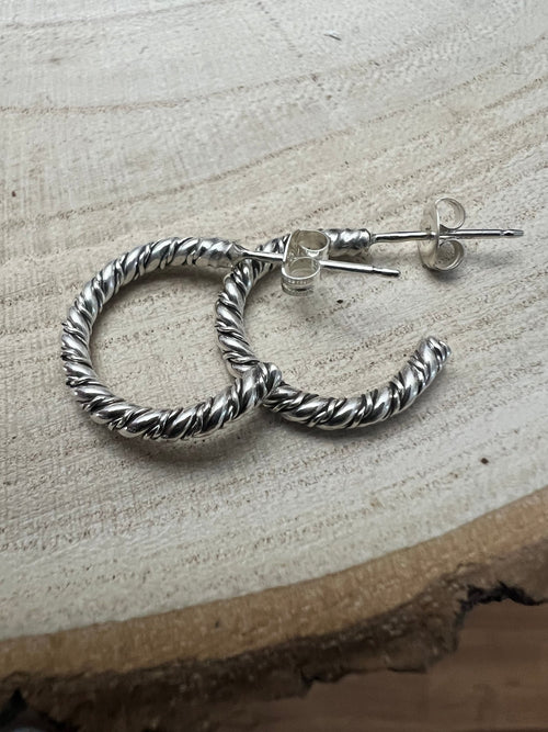 Elaine Tahe Sterling Silver Hoop Earrings - Cowhide and Conchos