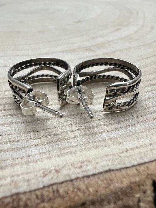 Elaine Tahe Sterling Silver Hoop Earrings - Cowhide and Conchos