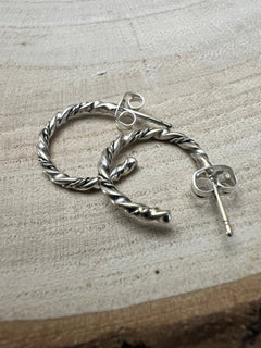 Elaine Tahe Sterling Silver Hoop Earrings - Cowhide and Conchos