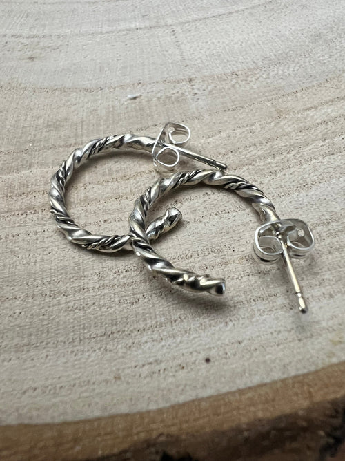 Elaine Tahe Sterling Silver Hoop Earrings - Cowhide and Conchos