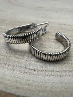 Elaine Tahe Sterling Silver Hoop Earrings - Cowhide and Conchos