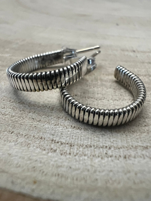 Elaine Tahe Sterling Silver Hoop Earrings - Cowhide and Conchos