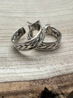 Elaine Tahe Sterling Silver Hoop Earrings - Cowhide and Conchos