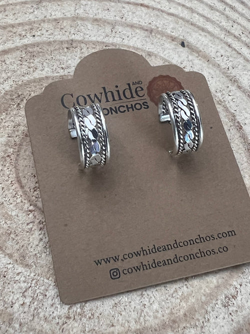 Elaine Tahe Sterling Silver Hoop Earrings - Cowhide and Conchos
