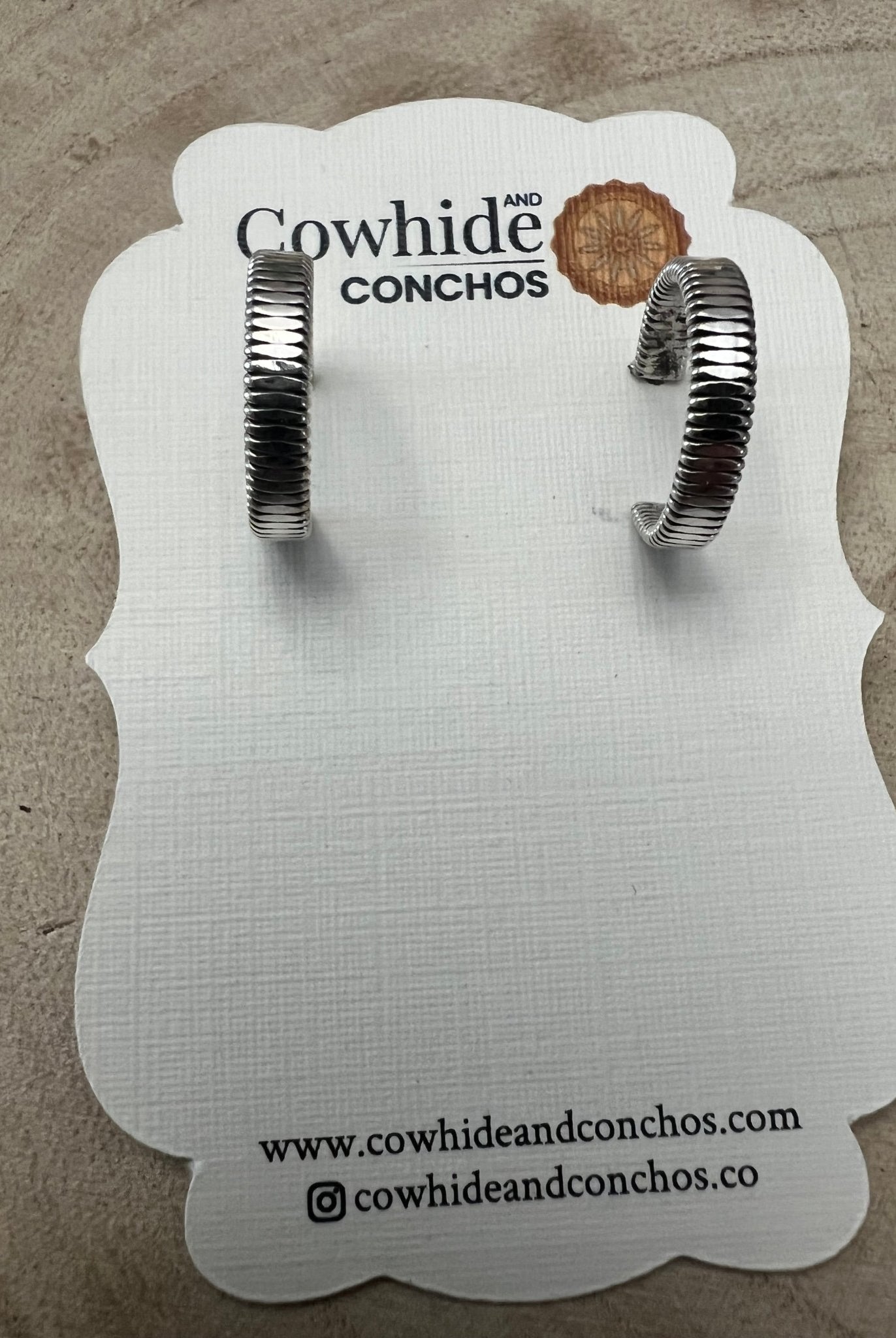 Elaine Tahe Sterling Silver Hoop Earrings - Cowhide and Conchos