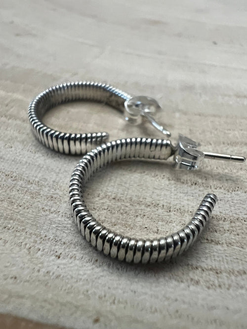 Elaine Tahe Sterling Silver Hoop Earrings - Cowhide and Conchos