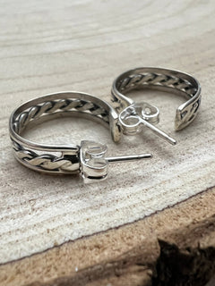 Elaine Tahe Sterling Silver Hoop Earrings - Cowhide and Conchos