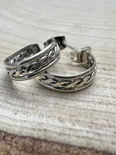 Elaine Tahe Sterling Silver Hoop Earrings - Cowhide and Conchos