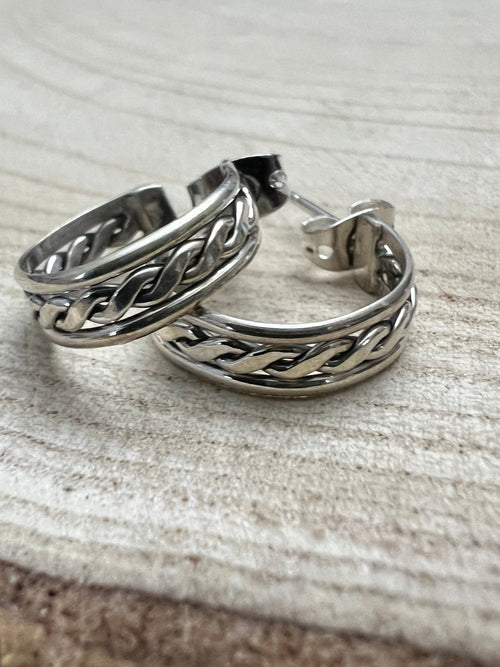 Elaine Tahe Sterling Silver Hoop Earrings - Cowhide and Conchos