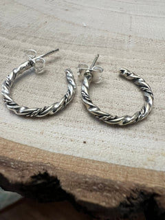 Elaine Tahe Sterling Silver Hoop Earrings - Cowhide and Conchos