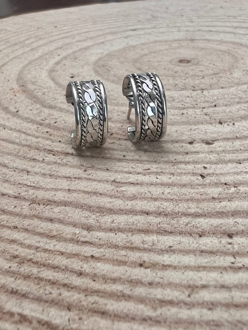 Elaine Tahe Sterling Silver Hoop Earrings - Cowhide and Conchos