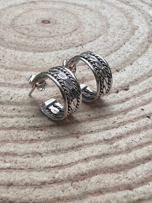Elaine Tahe Sterling Silver Hoop Earrings - Cowhide and Conchos