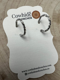 Elaine Tahe Sterling Silver Hoop Earrings - Cowhide and Conchos