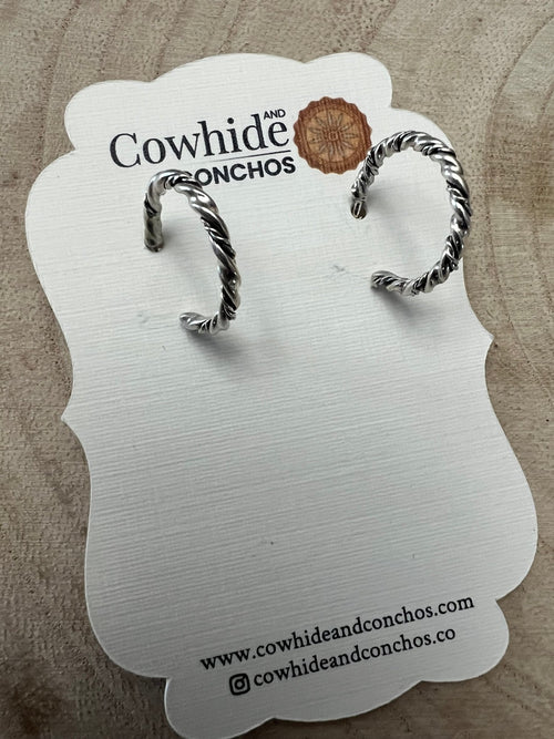 Elaine Tahe Sterling Silver Hoop Earrings - Cowhide and Conchos
