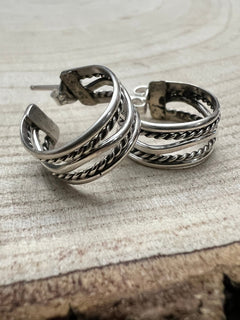 Elaine Tahe Sterling Silver Hoop Earrings - Cowhide and Conchos