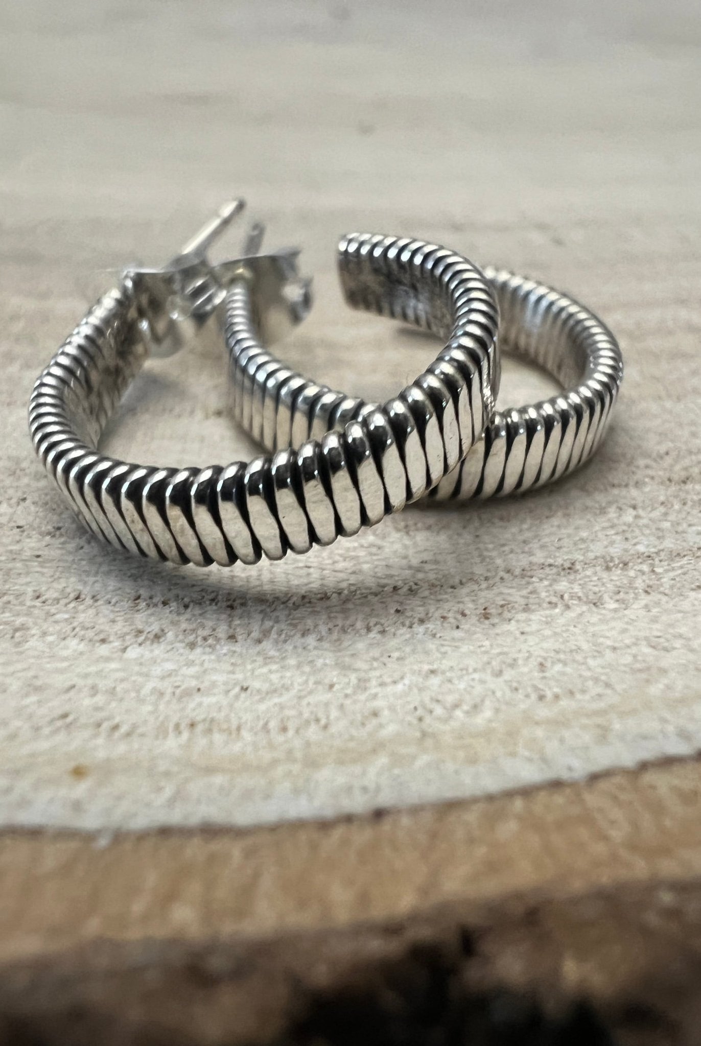 Elaine Tahe Sterling Silver Hoop Earrings - Cowhide and Conchos