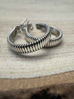 Elaine Tahe Sterling Silver Hoop Earrings - Cowhide and Conchos