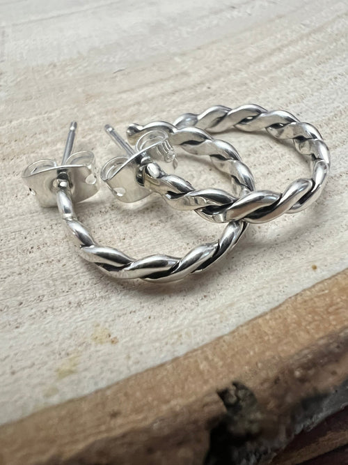 Elaine Tahe Sterling Silver Hoop Earrings - Cowhide and Conchos