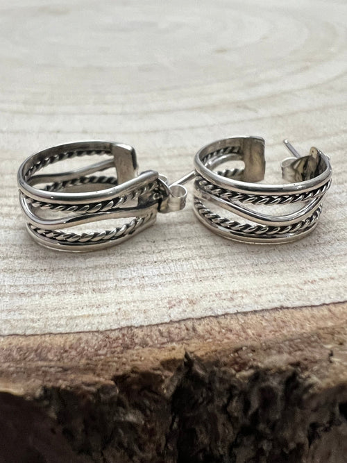 Elaine Tahe Sterling Silver Hoop Earrings - Cowhide and Conchos