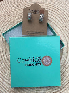 Elaine Tahe Sterling Silver Hoop Earrings - Cowhide and Conchos