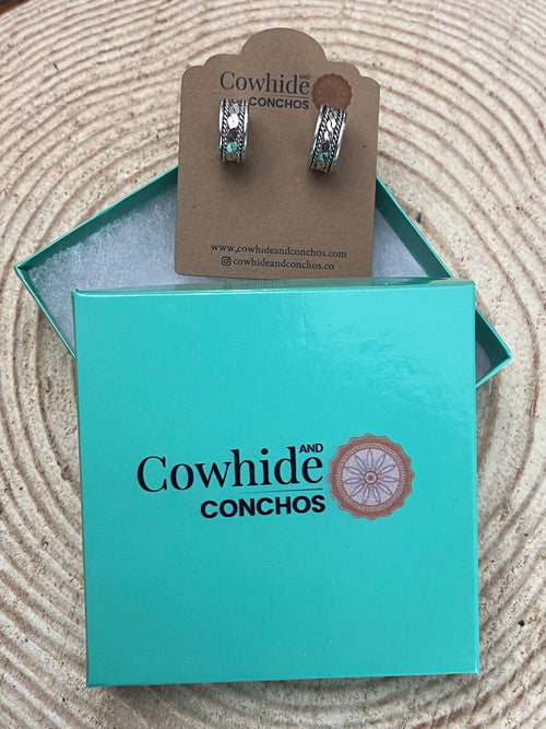Elaine Tahe Sterling Silver Hoop Earrings - Cowhide and Conchos
