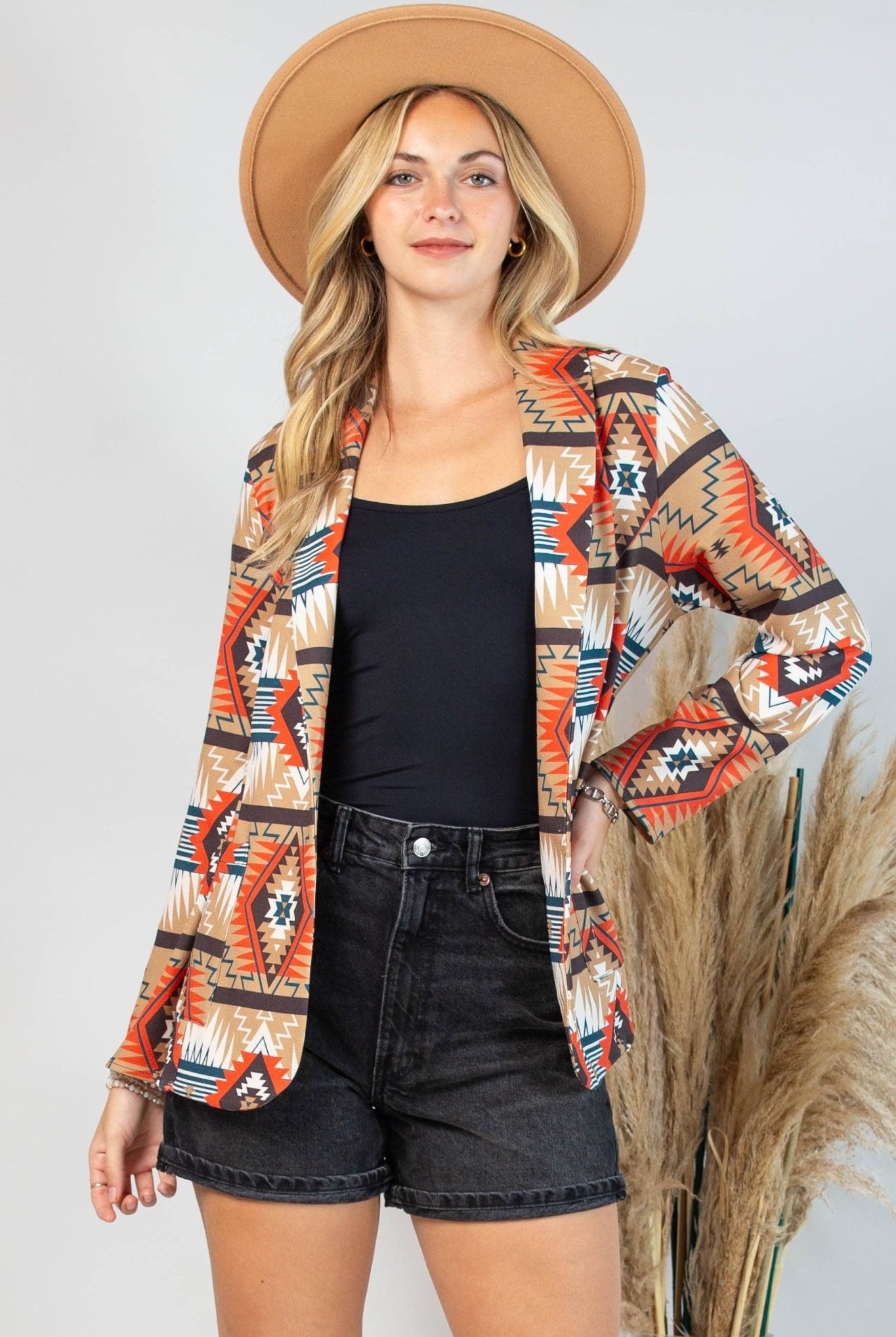 Ella Aztec Print Blazer with Pocket - Cowhide and Conchos