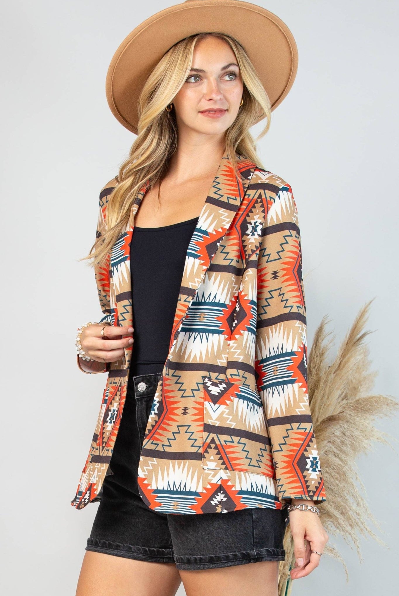 Ella Aztec Print Blazer with Pocket - Cowhide and Conchos